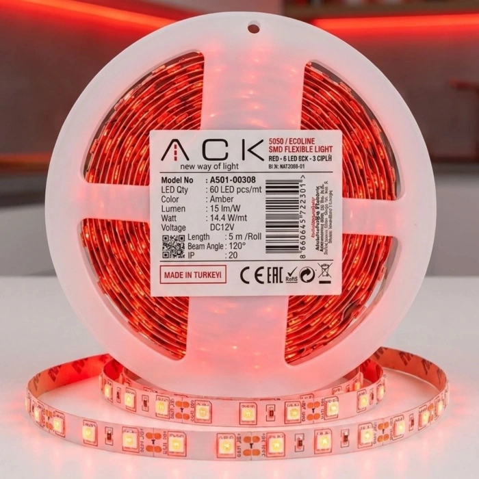 Kırmızı LED Şerit 5m – 60 LED/m 12V 14.4W Güçlü 3 Çipli Işık Şerit Led