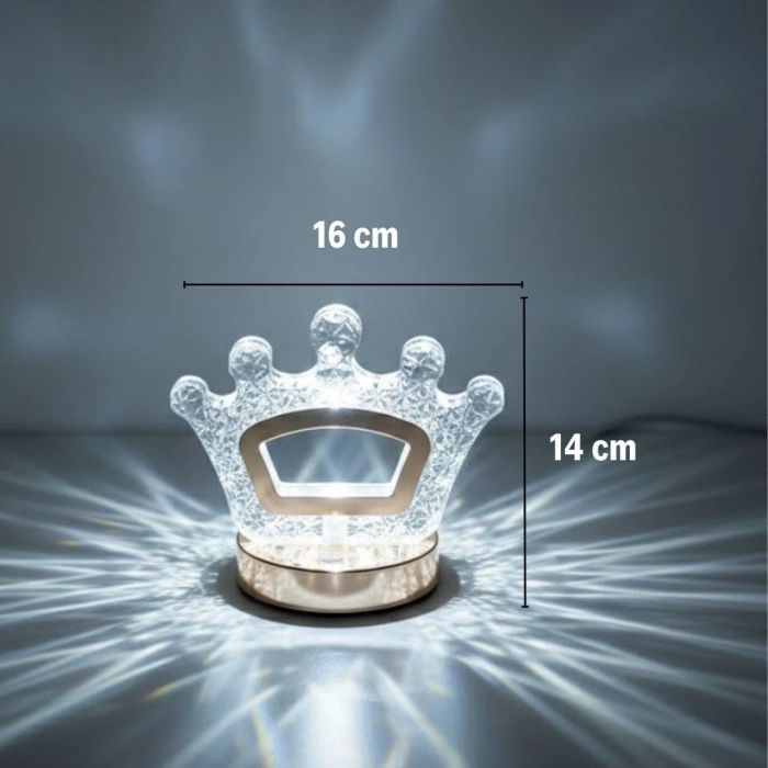 Kral Tacı Model Kristal LED Masa Lambası – Dokunmatik, 3 Renk Işık Modlu, Şarjlı Mini Dekoratif Gece Lambası