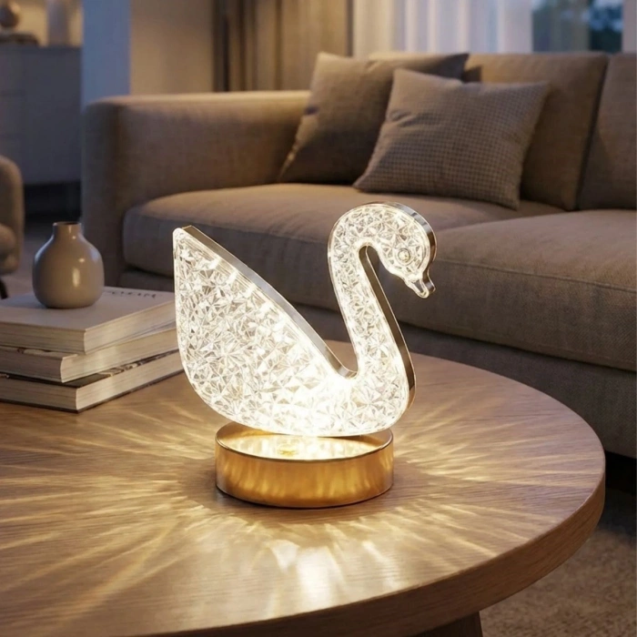 Kuğu Model Kristal LED Masa Lambası – Dokunmatik, 3 Renk Işık Modlu, Şarjlı Mini Dekoratif Gece Lambası