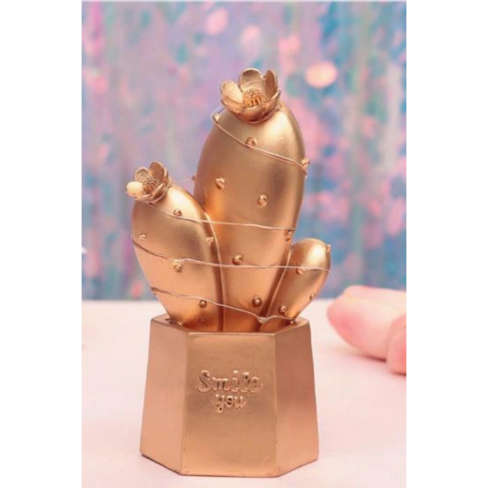 Led Işıklı Sevimli Kaktüs Dekoratif Masa Lambası Mini Biblo Gece Lambası Gold