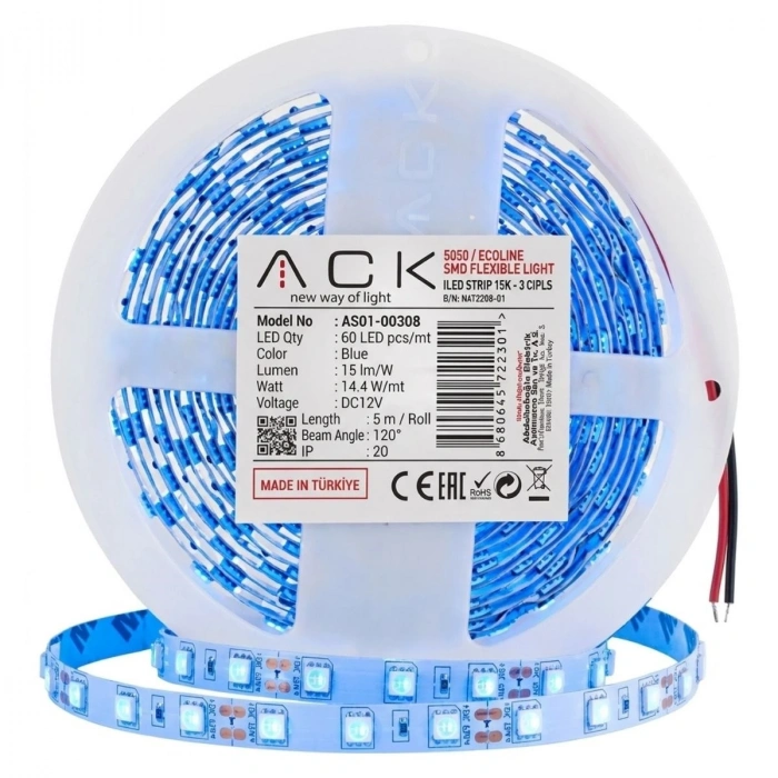Mavi LED Şerit 5m – 60 LED/m 12V 14.4W Güçlü 3 Çipli Işık Şerit Led