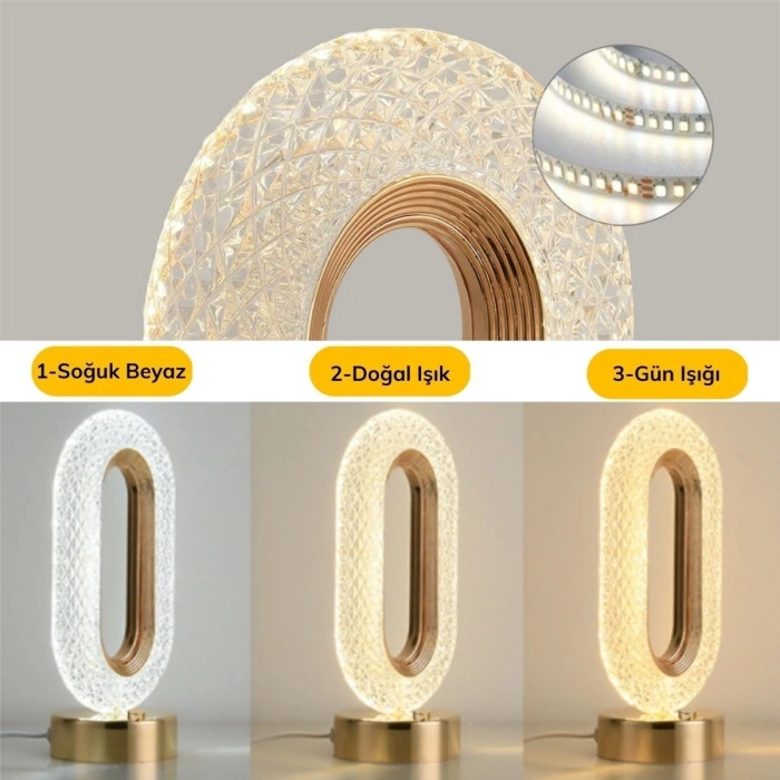 Oval Model USB Şarjlı Dokunmatik 3 Farklı Işık Modlu Masa Üstü Kristal Akrilik Lamba Led