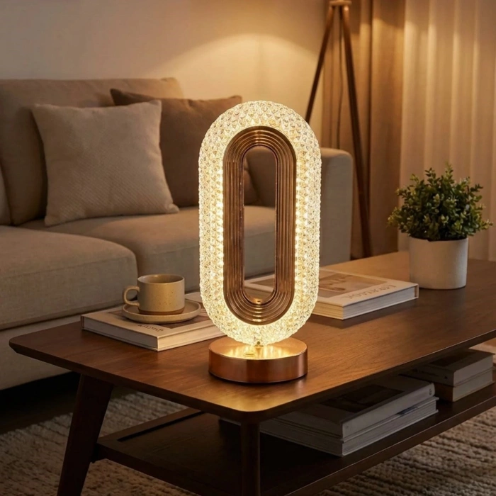 Oval Şeklinde Kristal LED Masa Lambası – Dokunmatik, 3 Renk Işık Modlu, Şarjlı Dekoratif Gece Lambası