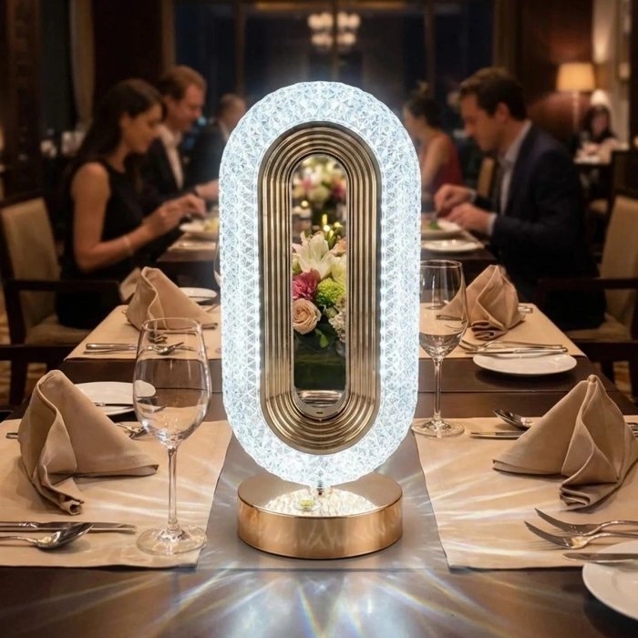 Oval Şeklinde Kristal LED Masa Lambası – Dokunmatik, 3 Renk Işık Modlu, Şarjlı Dekoratif Gece Lambası