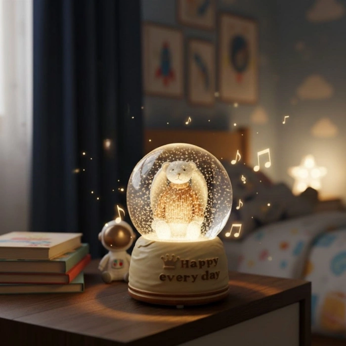 Pilli Işıklı Müzikli Kar Küresi–Sevimli Ayıcık Figürlü Eğlenceli Masaüstü Biblo, LED Aydınlatmalı Dekoratif Hediyelik Kar Küresi