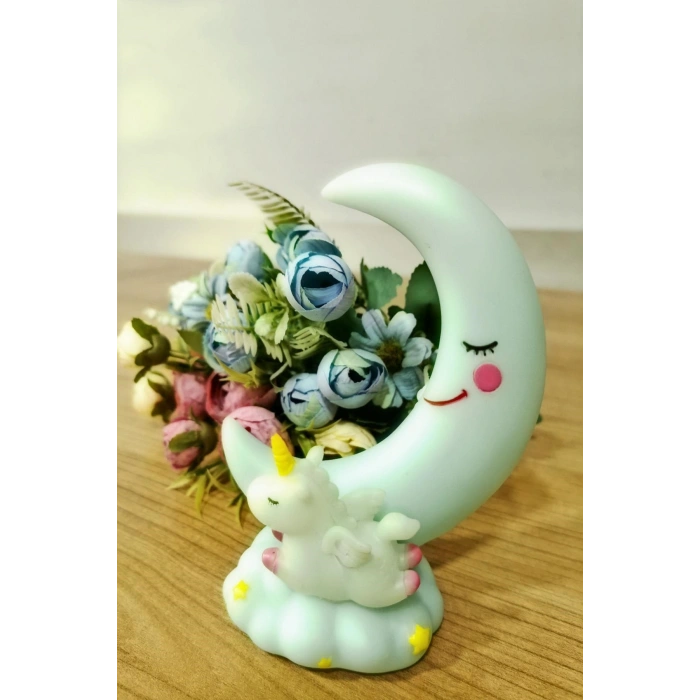 Sevimli Ay Ve Unicornlu Renk Değiştiren Gece Lambası Su Yeşili