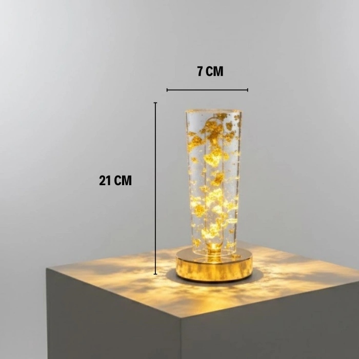Silindirik Kristal Altın Toz Model LED Masa Lambası – Gold Tabanlı, Dokunmatik, 3 Renk Işık Modlu, Şarjlı Modern Dekoratif Gece Lambası
