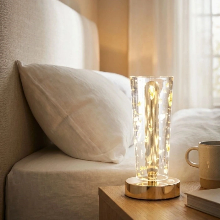 Silindirik Kristal Altın Toz Model LED Masa Lambası – Gold Tabanlı, Dokunmatik, 3 Renk Işık Modlu, Şarjlı Modern Dekoratif Gece Lambası