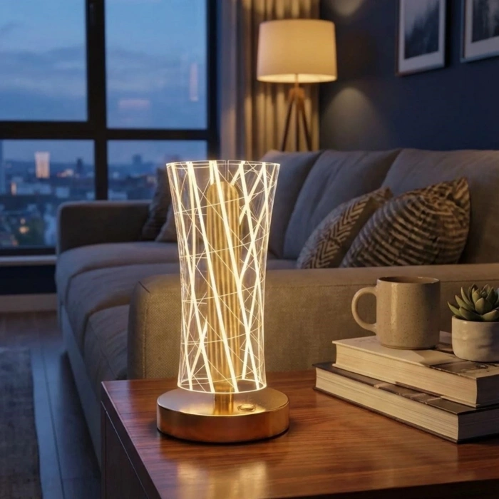 Silindirik Kristal Çizgi Model LED Masa Lambası – Gold Tabanlı, Dokunmatik, 3 Renk Işık Modlu, Şarjlı Modern Dekoratif Gece Lambası