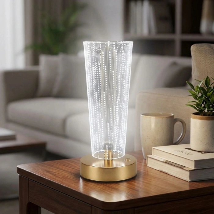 Silindirik Kristal Nokta Model LED Masa Lambası – Gold Tabanlı, Dokunmatik, 3 Renk Işık Modlu, Şarjlı Modern Dekoratif Gece Lambası