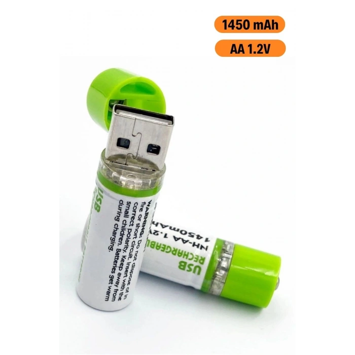 USB Şarjlı 1450mAh AA 1.2V Lityum Kalem Pil – 2’li Set, Tekrar Şarj Edilebilir Uzun Ömürlü Dönüştürülebilir Batarya