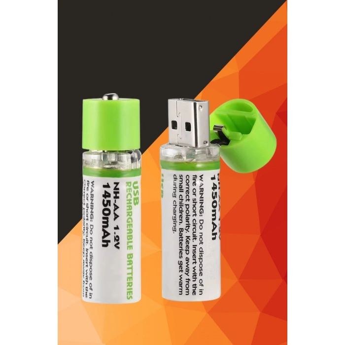 USB Şarjlı 1450mAh AA 1.2V Lityum Kalem Pil – 2’li Set, Tekrar Şarj Edilebilir Uzun Ömürlü Dönüştürülebilir Batarya