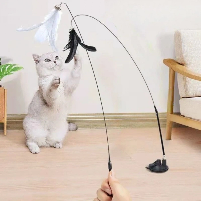 Vantuzlu Tüylü Zilli Olta Kedi Oyuncağı 2 Oltalı
