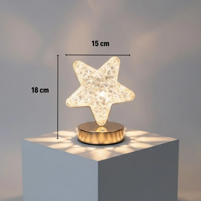 Yıldız Model Kristal LED Masa Lambası – Dokunmatik, 3 Renk Işık Modlu, Şarjlı Mini Dekoratif Gece Lambası