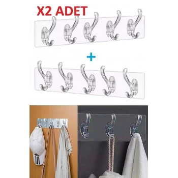 2 Adet Kendinden Yapışkanlı Güçlü Şeffaf 5li Askılık - Kapı Arkası Mutfak Duvar Banyo
