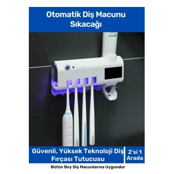 Pratik Usb Şarjlı Ve Güneş Enerjili Otomatik Diş Macunu Sıkacağı 4 Adet Diş Fırçalığı Tutucu