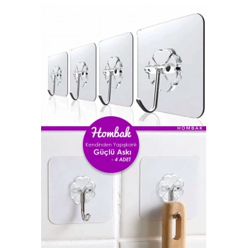 Pratik 4 Adet 6x6cm Şeffaf Güçlü Kendinden Yapışkanlı Kapı Duvar Askıları