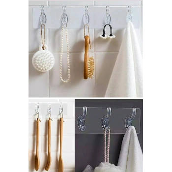 5li Kendinden Yapışkanlı Güçlü Şeffaf Askılık - Kapı Arkası Mutfak Duvar Banyo Askı