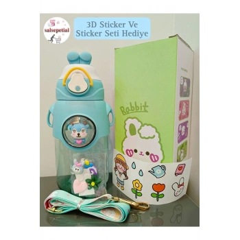 Geyik Su Matarası Geyikli Suluk Figürlü Su Şişesi 3D Sticker Hediyeli Pipetli Matara 650ml