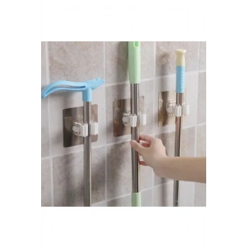 2 Adet Paspas Mop Fırça Ve Süpürge Askısı Sap Tutucu Mutfak Banyo Yapışkanlı Duvara Monte Aparatı