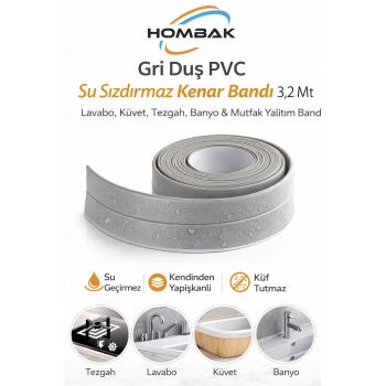 Gri Duş Pvc Lavabo Küvet Tezgah Kenar Banyo Mutfak Pencere 3,2 Mt Su Sızdırmaz Geçirmez Yalıtım Bant