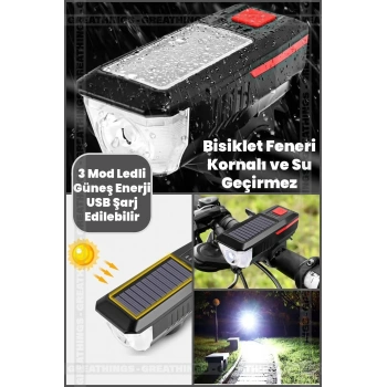 Solar Enerjili Usb Ile Şarj Edilebilir 3 Modlu Ledli Bisiklet Feneri Kornalı Ve Su Geçirmez Far