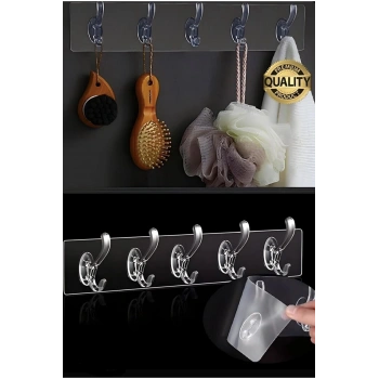 Kendinden Yapışkanlı Çok Amaçlı Banyo Mutfak Atölye Kancalı Pratik Şeffaf 5li Askı Seti