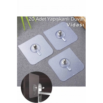 Matkap Delme Yok ! 20 Adet Güçlü Yapışkanlı Duvar Vidası - Elbise Çervece Askısı Duvar Kancası Çivi