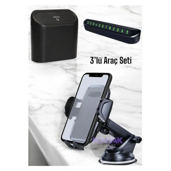 3 lü Araç Seti Mini Çöp Kovası, Numaratör, 360 Telefon Tutucu Özel Set