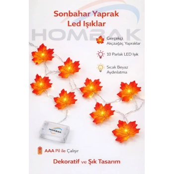 10 Ledli Sonbahar Konseptli Dekoratif Yaprak Şerit LED Işık – Sevgililer Günü Yılbaşı Doğum Günü