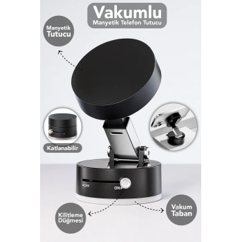 Vakumlu Telefon Tutucu - Katlanabilir Vakum Tabanlı Manyetik Araç İçi Telefon Tutacağı Siyah