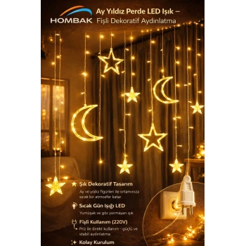 Ramazan Ledi Gün Işığı 3 m Ay Yıldız LED Perde Işık – Ay & Yıldız Şeklinde Dekoratif LED Işık