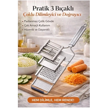 Premium 3 Bıçaklı Sebze Dilimleyici ve Rende – Paslanmaz Çelik Çok Amaçlı Doğrayıcı