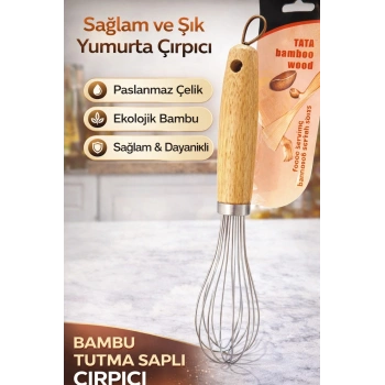 Premium Paslanmaz Çelik Bambu Saplı Çırpıcı – Dayanıklı Mutfak Çırpma Teli