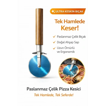 Paslanmaz Çelik Pizza Kesici Döner Bıçak Ahşap Saplı Pizza Ruleti Hamur Kesici