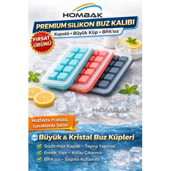 Kapaklı Silikon Buz Kalıbı – Tek Dokunuşla Kolay Çıkarma, Büyük Küp, BPA’sız, Sızdırmaz Kapak