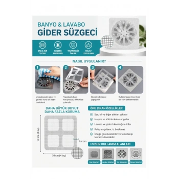 1 Adet Lavabo Gider Süzgeci Filtre Sticker Kendinden Yapışkanlı Saç ve Kir Tutucu Gider Koruyucu