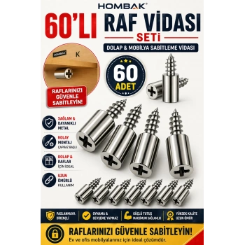 60’lı Raf Vidası Seti – Metal Dolap & Mobilya Sabitleme Vidası – Dayanıklı Çapraz Başlı Raf Pim Vida