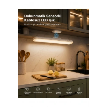 Şarjlı Hareket Sensörlü LED Dolap Lambası Kablosuz Mıknatıslı Dokunmatik Tezgah Altı Aydınlatma 3 Renk Işık USB Type-C