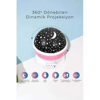 Gece Lambası Tavana Işık Yansıtan Dönen Yıldız Ay Projeksiyon Çocuk ve Genç Odası Lamba Işık Küresi