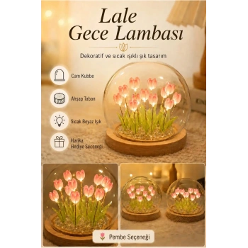 Lale Gece Lambası Cam Küre LED Masa Lambası Ahşap Tabanlı Dekoratif Ortam Aydınlatma Yatak Odası Gece Lambası