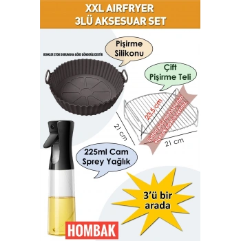 3lü Xxl Airfryer Seti Silikon Kap Izgara Teli ve Cam Sprey Yağlık Yağdanlık Aksesuar