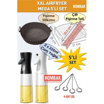 5li Xxl Airfryer Mega Seti Pişirme Silikonları Izgara Teli Sprey Yağlık Yağdanlık Şiş Aksesuar