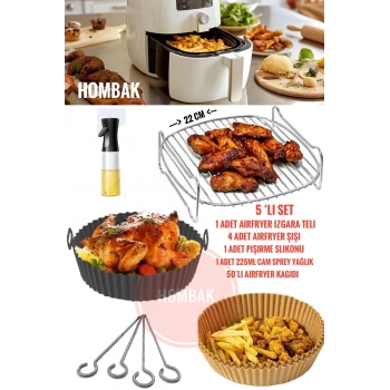 5li Xxl Airfryer Mega Seti Pişirme Silikonları Izgara Teli Sprey Yağlık Yağdanlık Şiş Aksesuar