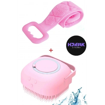 2 li Duş Seti Pembe 70 Cm Çift Taraflı Sırt Kesesi ve Slikon Hazneli Duş Jeli Kesesi