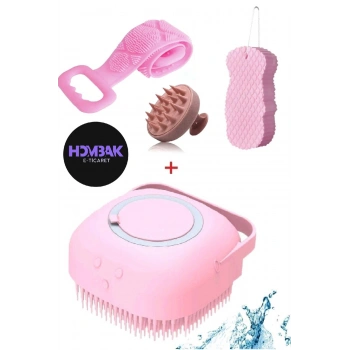 4 lü Duş Seti Pembe 70 Cm Çift Taraflı Sırt Kesesi Sihirli Duş Kese Slikon Hazneli Duş Jeli Kesesi