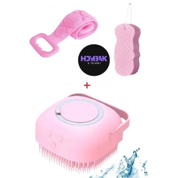 3 lü Duş Seti Pembe 70 Cm Çift Taraflı Sırt Kesesi Sihirli Duş Kese Slikon Hazneli Duş Jeli Kesesi