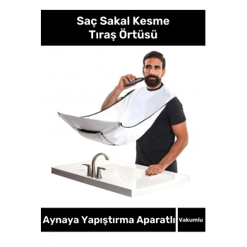 Pratik Vakumlu Aynaya Yapıştırma Aparatlı Evde Saç Sakal Kesme Beyaz Tıraş Örtüsü