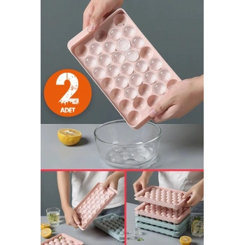 2li Set Küre Buz Kalıbı Kapaklı 33 Hazneli Yuvarlak Buz Kalıbı Kokteyl Sunum Buz Kalıbı (20x12 Cm)