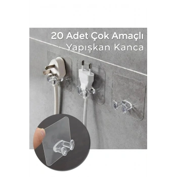 20 Adet Yapışkanlı Çok Amaçlı Kanca | Kablo Tutucu